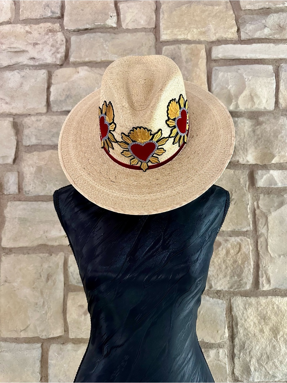 Embroidered Heart Sunflower Straw Fedora Hat - Natural From Martina Hats